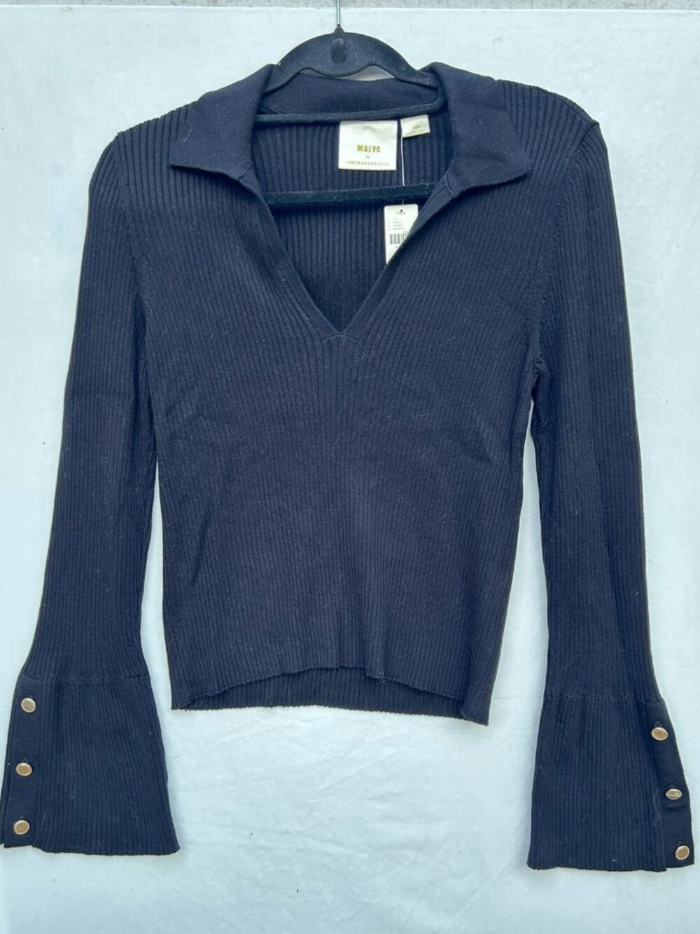 Maeve Anthropologie Ribbed Black Bell Sleeve Sweater Large NWT
